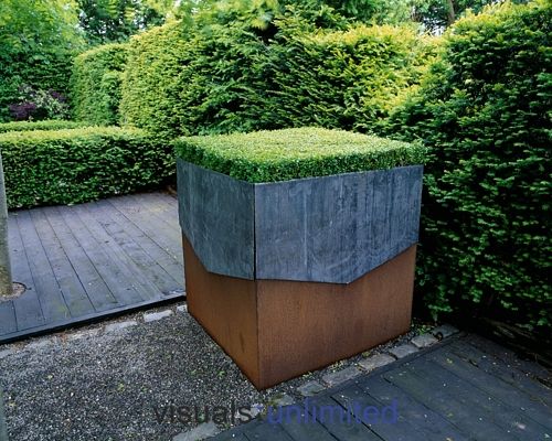 box cube in wood & metal pot